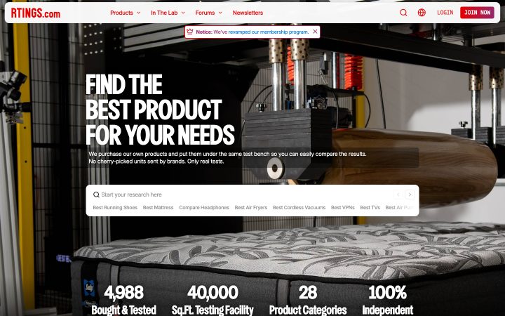 Screenshot of the rtings.com homepage, captured oct 9. Opens the full capture.
